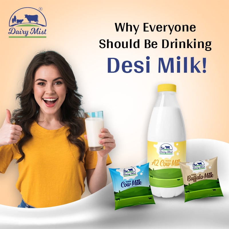 Glass of fresh organic Desi cow milk from Dairy Mist